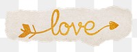 Love png word, gold glittery calligraphy on torn paper, transparent background