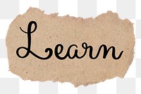 Learn word png, torn paper, simple black calligraphy on transparent background