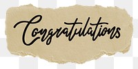 Congratulations word png, torn paper, simple black calligraphy on transparent background