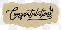 PNG congratulations word, black calligraphy on torn paper, transparent background