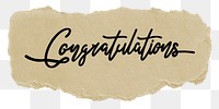 Congratulations word png, black calligraphy on torn paper, transparent background