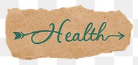 Health sticker png, ripped paper, blue calligraphy text in transparent background