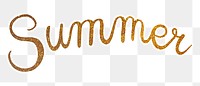 Summer png word, gold glittery calligraphy, digital sticker with white outline in transparent background