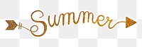 Summer png word, gold glittery calligraphy, digital sticker with white outline in transparent background