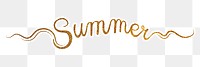 PNG summer word, gold glittery calligraphy, digital sticker with white outline in transparent background