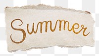 Summer png word, ripped paper, gold glittery calligraphy on transparent background