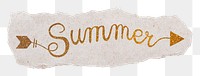 Summer png word, ripped paper, gold glittery calligraphy on transparent background