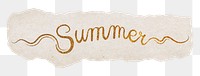 Summer png word, gold glittery calligraphy on ripped paper, transparent background