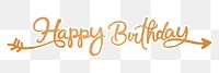 Happy birthday png, gold glittery calligraphy, digital sticker with white outline in transparent background