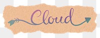 PNG cloud word, DIY pastel blue calligraphy, ripped paper sticker in transparent background