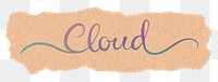 Cloud word png, DIY pastel blue calligraphy, ripped paper sticker in transparent background