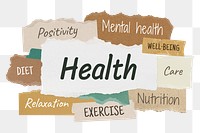 Health png word sticker typography, torn paper, transparent background