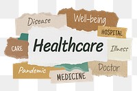 Healthcare png word sticker typography, torn paper, transparent background