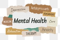 Mental health png word sticker typography, torn paper, transparent background