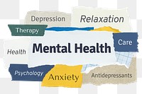 Mental health png word sticker typography, torn paper, transparent background