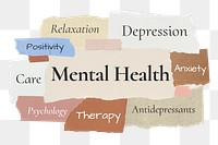 Mental health png word sticker typography, torn paper, transparent background