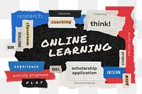 Online learning png word sticker typography, torn paper, transparent background