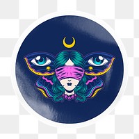 Blindfolded woman png badge sticker on transparent background