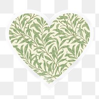 William Morris png leaf pattern heart badge sticker on transparent background, remixed by rawpixel