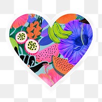 Exotic tropical png pattern heart badge sticker on transparent background