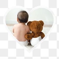 Baby png teddy bear heart badge sticker on transparent background