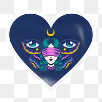 Blindfolded woman png heart badge sticker on transparent background