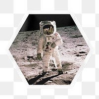 Walking astronaut png sticker, hexagon badge on transparent background
