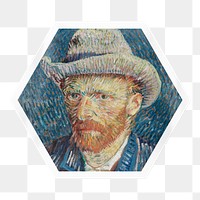 Van Gogh's png Self-Portrait sticker, hexagon badge on transparent background, remixed by rawpixel