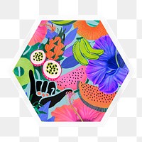 Exotic tropical png pattern sticker, hexagon badge on transparent background