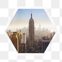 Aesthetic cityscape png sticker, hexagon badge on transparent background