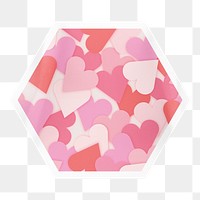 Pink heart pattern png sticker, hexagon badge on transparent background