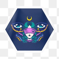 Blindfolded woman png sticker, hexagon badge on transparent background