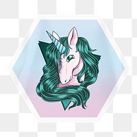 Unicorn png sticker, hexagon badge on transparent background