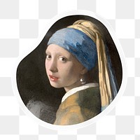 Png Girl with Pearl Earring badge sticker on transparent background, remixed by rawpixel