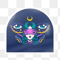 Blindfolded woman png arc badge sticker on transparent background