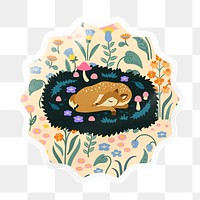 Sleeping deer png starburst badge sticker on transparent background