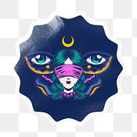 Blindfolded woman png starburst badge sticker on transparent background