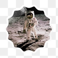 Walking astronaut png starburst badge sticker on transparent background