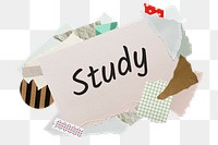 Study png word sticker, aesthetic paper collage typography, transparent background