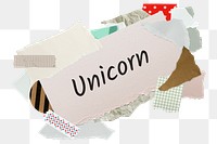 Unicorn png word sticker, aesthetic paper collage typography, transparent background