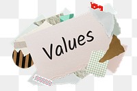 Values png word sticker, aesthetic paper collage typography, transparent background