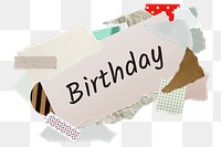 Birthday png word sticker, aesthetic paper collage typography, transparent background