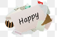 Happy png word sticker, aesthetic paper collage typography, transparent background
