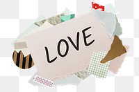 Love png word sticker, aesthetic paper collage typography, transparent background