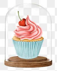 Cherry cupcake png glass dome sticker, dessert concept art, transparent background