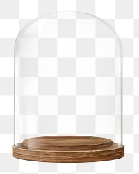 Glass cloche png sticker, product backdrop with wooden base on transparent background