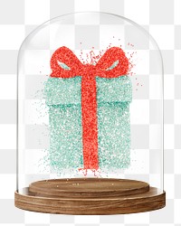 Glittery gift box png glass dome sticker, Christmas concept art, transparent background