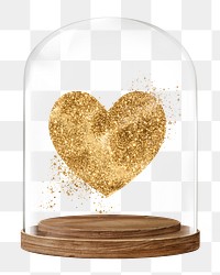 Gold glittery heart png glass dome sticker, Valentine's Day concept art, transparent background