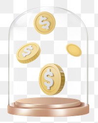 Falling coins png glass dome sticker, finance concept art, transparent background