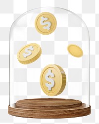 Falling coins png glass dome sticker, finance concept art, transparent background